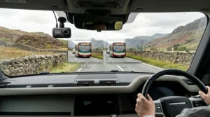 Comparison of night-time driving footage on an unlit UK country road, highlighting the contrast reduction between 1080p and 4K sensors under headlight glare.