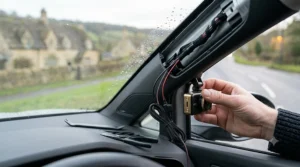 An infographic illustrating how to safely hardwire a 4K dash cam into a UK car fuse box for continuous power and parking protection.