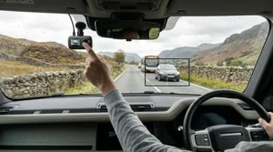 Close-up illustration showing a 4K dash cam capturing a legible UK registration plate on a car ahead, compared to a blurred 1080p view.