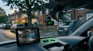 A smart 4K dash cam operating in 24-hour parking mode, monitoring the surroundings of a car parked inside a typical UK multi-storey car park.