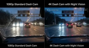 A UK driver reviewing clear 4K dashcam footage on a smartphone app using a built-in Wi-Fi connection while parked in a car.