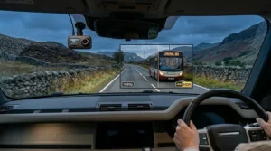 Diagram showing the wide-angle field of view from a 4K dash cam mounted on a car windscreen, capturing multiple lanes on a UK motorway.