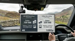Infographic comparing the file sizes and MicroSD card storage consumption per hour of video recording for 1080p versus 4K dash cams.