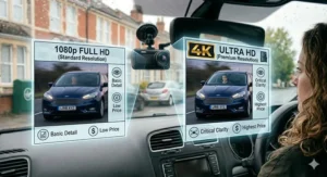 An illustrative comparison between 4K and 1080p dash cam resolution, showing how higher quality is worth it to capture legible UK number plates.