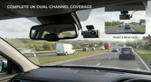 An affordable dual channel dash cam setup showing both front and rear windscreen cameras, offering complete coverage for UK motorists.