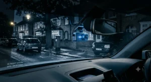 High-resolution night-time footage from a 4K dash cam, clearly showing the number plate of a vehicle ahead on a rain-soaked UK motorway.