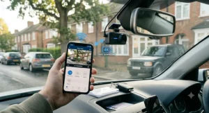 A smartphone displaying a mobile app interface used to download and view recorded 4K dash cam video footage over Wi-Fi.
