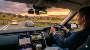 Dash cam recording clear, high-contrast footage during a bright sunset over the British countryside, balancing light and shadow.