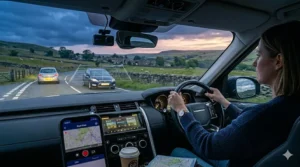 Dash cam interface displaying live telemetry data, featuring an electronic grid overlay tracking vehicles ahead on a rural road at dusk.