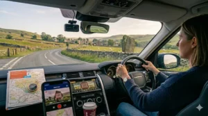 Car interior setup showcasing a dash cam alongside a traditional paper road map and compass on the dashboard for holiday travel planning.