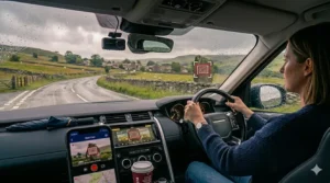 A dash cam capturing sharp video through a rain-splattered windscreen, using an object-detection frame to highlight a roadside landmark.