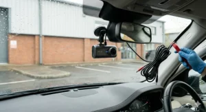Side-by-side comparison of standard night footage versus the best front dash cam night vision quality on a dimly lit UK street.