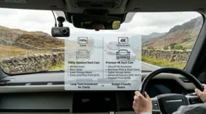 Price versus performance chart comparing standard 1080p models against premium 4K dash cams for UK motorists evaluating insurance-approved tech.