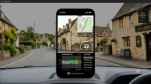Dash cam video playback showing integrated GPS data map and vehicle speed tracking in mph.