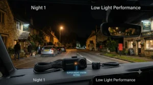 Clear night-time road footage captured by a budget dash cam showing readable number plates under street lighting.