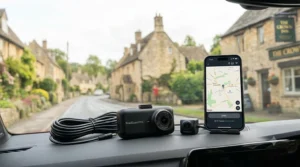 A driver using a mobile phone app to view video clips wirelessly from a budget dash cam.