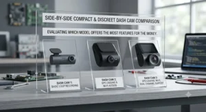 Side-by-side comparison of three compact and discreet dash cams evaluating which model offers the most features for the money.