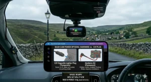 An infographic displayed on a smartphone screen illustrating the differences between a temporary 12V cigarette lighter plug installation and a permanent, hidden hardwire kit connected directly to the vehicle's fuse box.