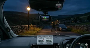 A low-light, night-time view from inside a car parked on an unlit British country lane, illustrating how intelligent parking mode remains active under a vintage streetlight to capture surrounding activity.