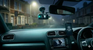 An illustrative view from inside a car at night, showing a dash cam with parking mode active, capturing a potential vandalism incident on a British street.