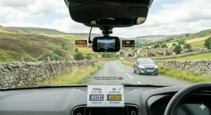 An educational graphic overlaid on a car windscreen comparing 1080p Full HD resolution to 4K Ultra HD resolution, showing how the higher pixel density makes a vehicle number plate much sharper and easier to read.