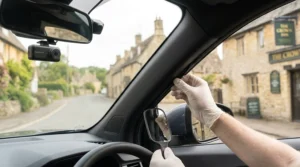 A small, discreet budget dash cam hidden behind a rearview mirror to keep the windscreen clear.
