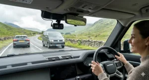 Exterior view of a car windscreen showing a highly discreet dash cam hidden seamlessly in the black ceramic dot matrix pattern near the rearview mirror.