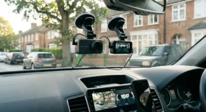 A dual dash cam setup illustrating both the front windscreen camera and a compact rear-facing camera attached to the back window of a British hatchback.