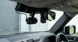 Diagram of a dual-channel discreet dash cam system showing front and rear camera installation paths wired through a car’s interior panels.