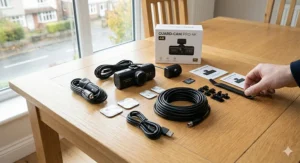 A front and rear dash cam kit unboxed on a table, displaying the front camera, smaller rear camera, long connection cable, and 12V power adapter.