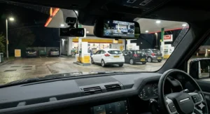 A front and rear dash cam monitoring a car left unattended in a typical UK multi-storey car park.