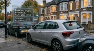 Illustration of a parked car on a British street being scraped by another vehicle, showing front and rear parking mode sensors recording the incident.