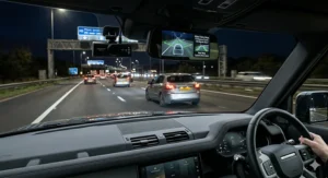Illustration of a car's viewing angles with a front and rear dash cam, capturing blind spots and side traffic.