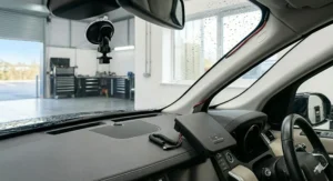 Graphic demonstrating how a front dash cam G-sensor automatically locks critical video footage during an emergency stop or collision.