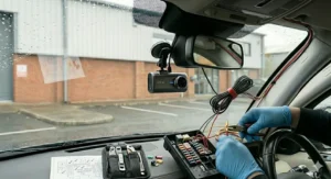 Front dash cam operating in parking mode to monitor a vehicle for bumps while parked in a typical UK car park.