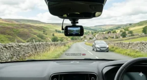 A close-up view of a dashboard-mounted screen displaying a front-facing dash cam view, capturing an oncoming grey hatchback on a narrow, two-lane British country road flanked by stone walls.