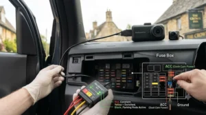 Close-up of hardwiring a budget dash cam into a car fuse box for parking mode power.