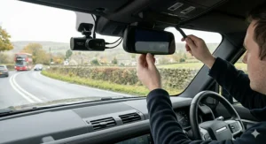 Diagram showing how to install a front and rear dash cam by routing the cable along the car headliner to the rear window.