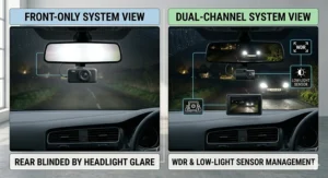 Visual comparison of night driving footage, showing how a rear dash cam manages headlight glare on an unlit UK country lane compared to a front only view.