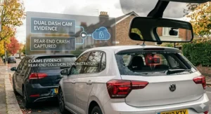 Illustration of a rear end collision on a UK road, demonstrating how a rear facing dash cam captures vital claims evidence that a front only camera misses.