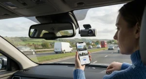 A driver using a smartphone mobile app via Wi-Fi to quickly download and share footage from a reliable dash cam.