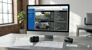 Mockup of a UK motor insurance claims dashboard displaying synchronized front and rear video files submitted as undisputed accident evidence.