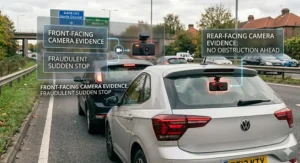 Diagram showing a staged crash for cash fraud attempt on a British dual carriageway, highlighting where front and rear cameras record the scammer's behaviour.