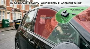 A legal diagram outlining compliant placement zones on a car windscreen to ensure a dash cam does not obstruct the driver's view under UK road traffic regulations.