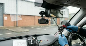 Diagram showing legal installation zones on a UK vehicle windscreen to ensure the front dash cam does not obstruct the driver's line of sight.