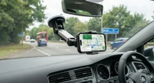 Car windscreen phone holder with 360-degree rotation allowing landscape or portrait view.