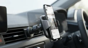 An air vent phone mount displaying 360-degree rotation capabilities for both portrait and landscape viewing.