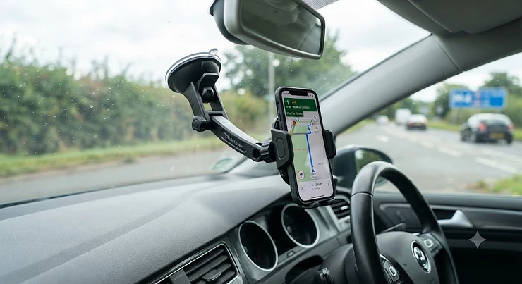 An adjustable windshield phone holder mounted securely on a car windscreen for hands-free navigation. windscreen phone mount