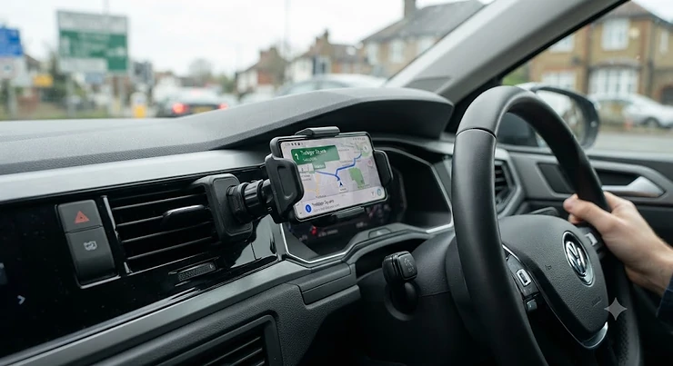 Universal air vent phone holder car accessory securely fitted to a vehicle dashboard in the UK