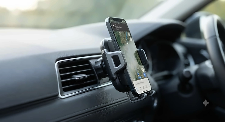 An air vent phone mount securely attached to a car dashboard dashboard vent, holding a smartphone safely in place.